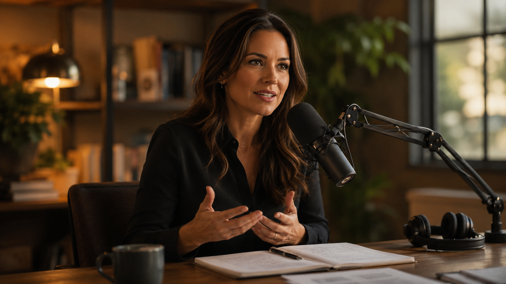 A podcast host speaking into a studio microphone with an open notebook on the desk