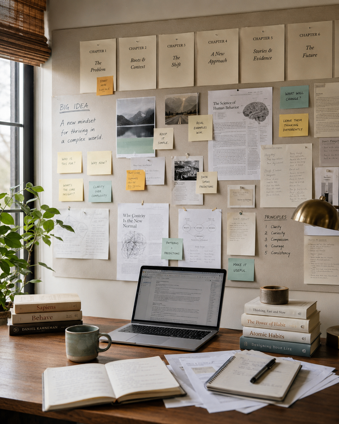 A writer's planning wall with chapter cards, notes and a laptop