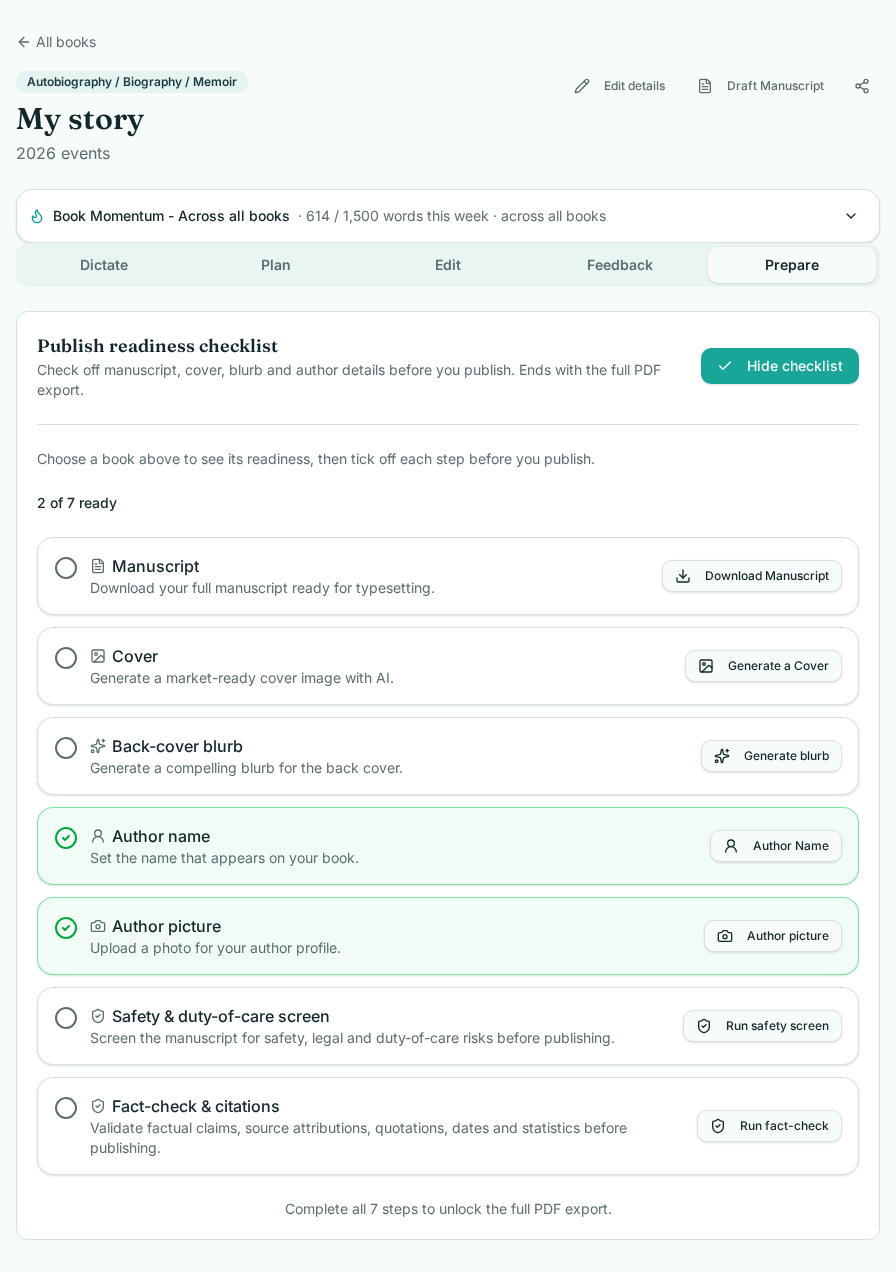 The Prepare tab showing the publish readiness checklist