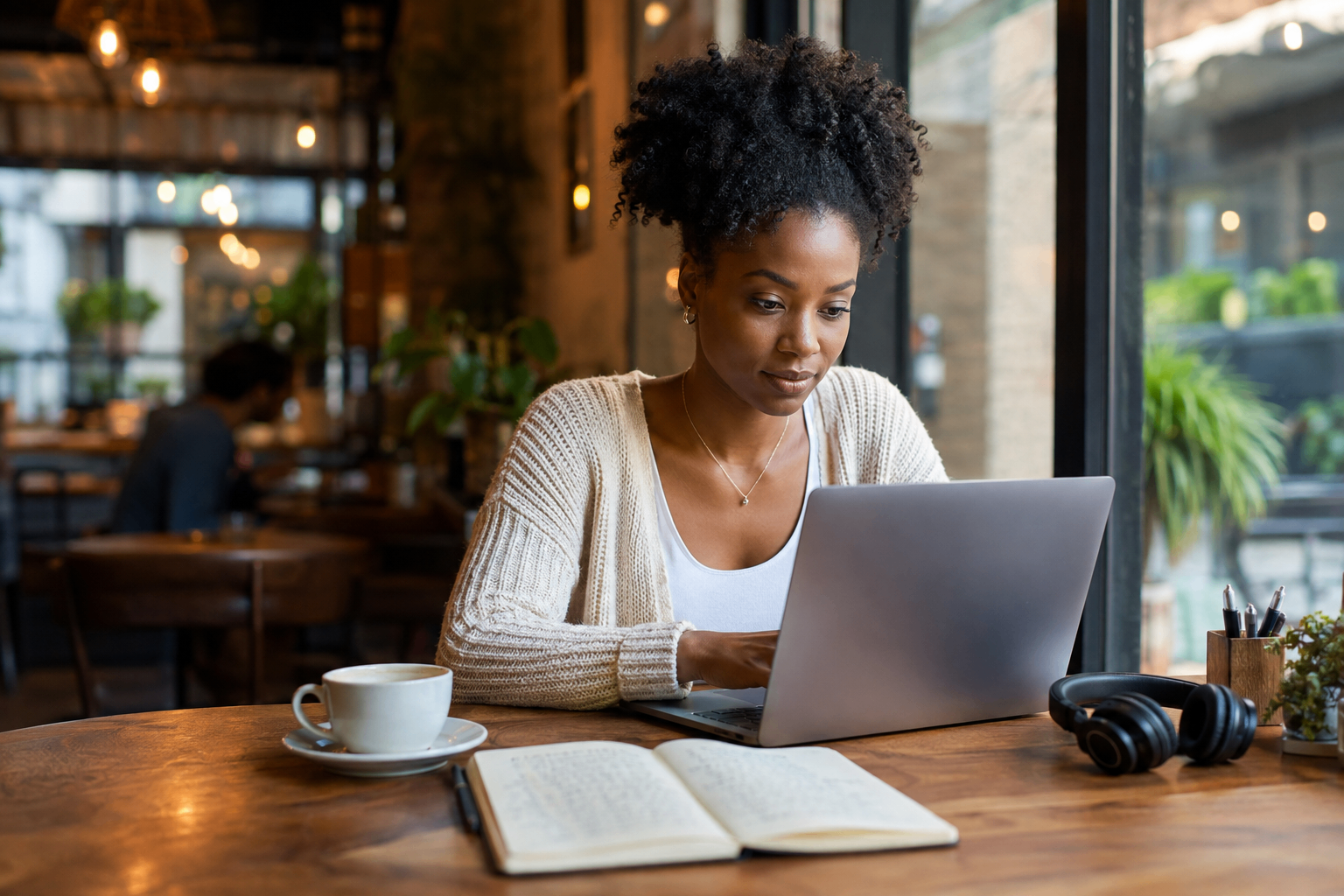 Author working on a manuscript in a cafe