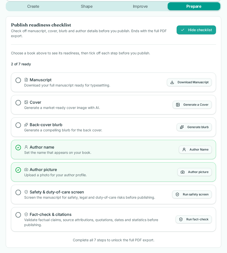 The Prepare tab of Your Book Pro showing publishing-readiness checks and export options.