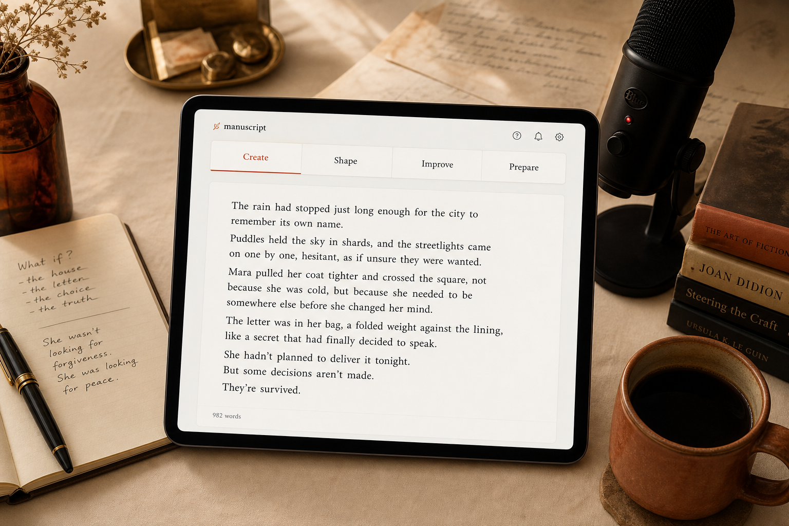 Your Book Pro open on a tablet beside a microphone and notebook
