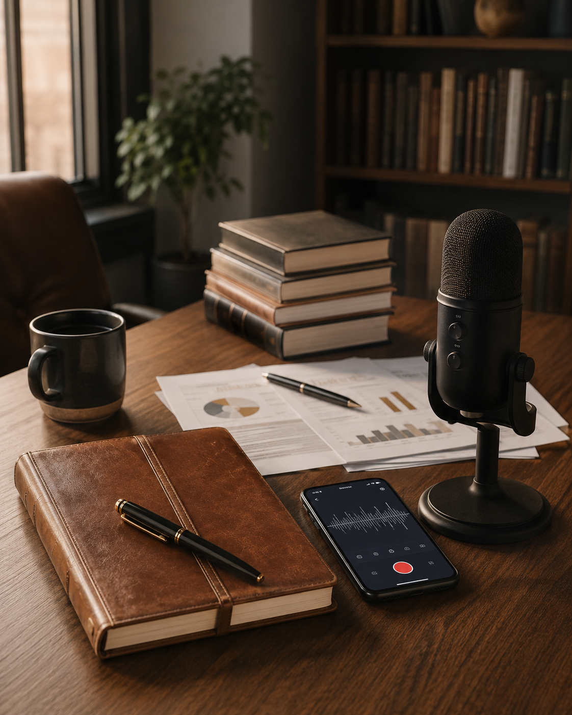 Writing desk with a studio microphone, smartphone showing an audio waveform, a leather journal and printed research charts.
