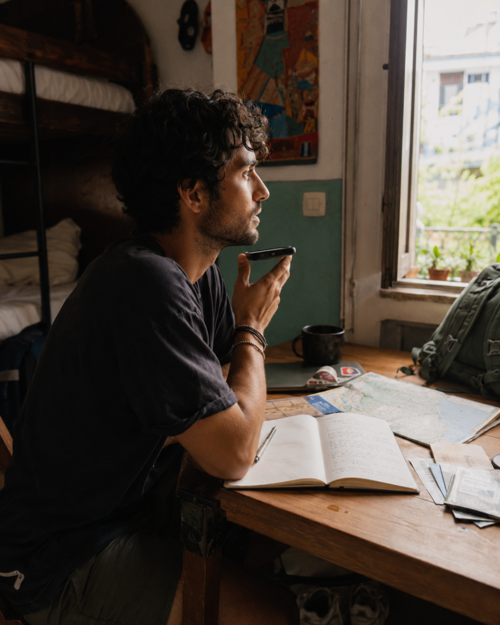 A traveller dictating into a phone at a wooden desk in a hostel room, with an open journal and maps beside a bright open window
