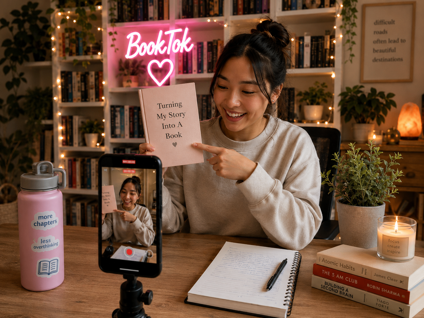 An author filming herself on a phone while holding up a copy of her own printed book.