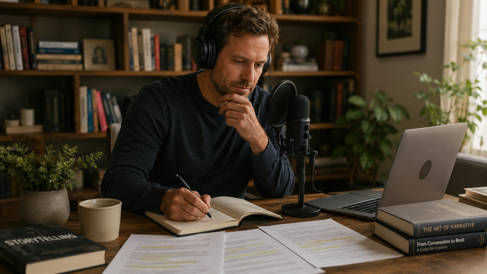 A podcast host wearing headphones speaking into a microphone beside a printed manuscript.