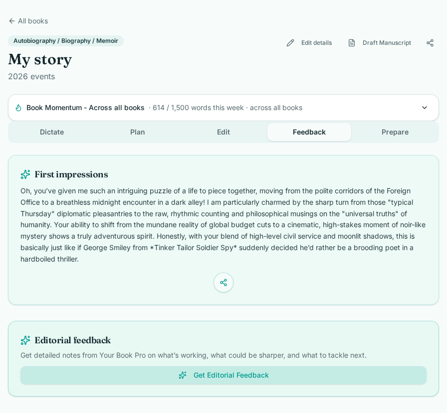 The Feedback tab showing first impressions and the Get Editorial Feedback button