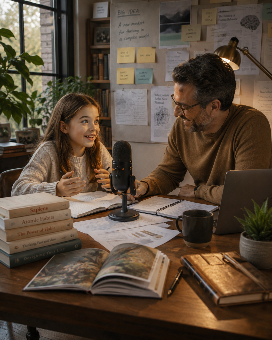 A father and daughter developing a non-fiction book idea together at a desk with reference books, notes and a microphone, with a 'BIG IDEA' planning wall behind them