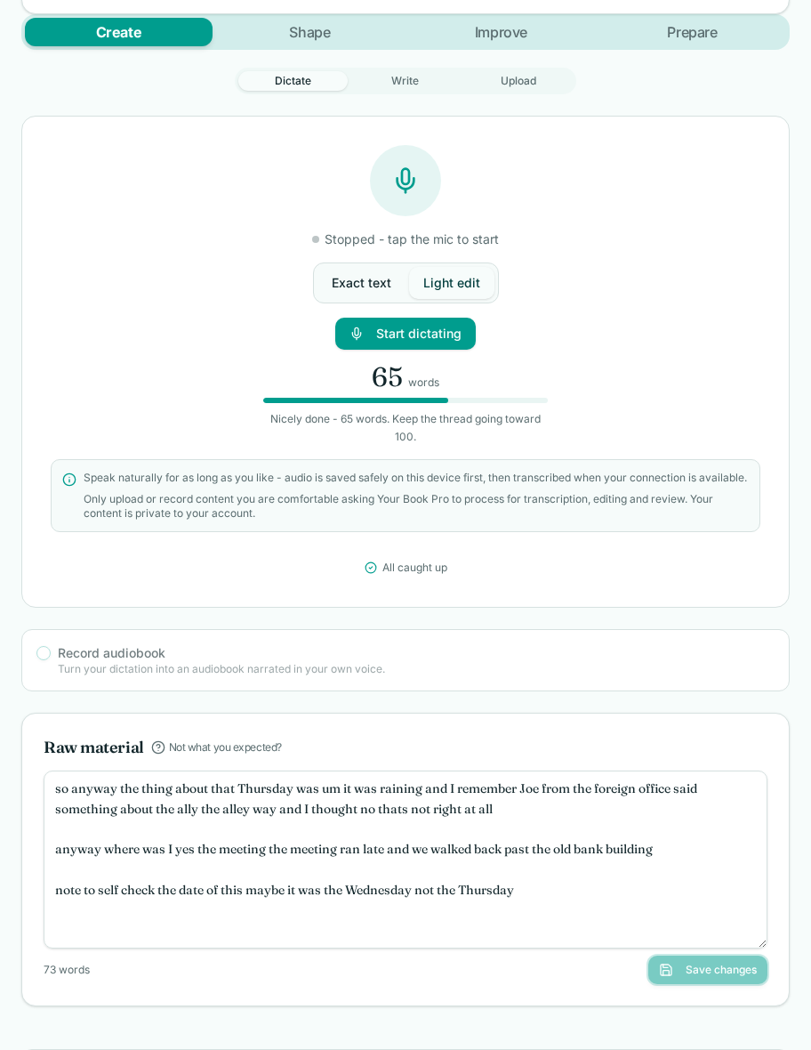 The Create tab of Your Book Pro, showing the dictation panel and live transcript.