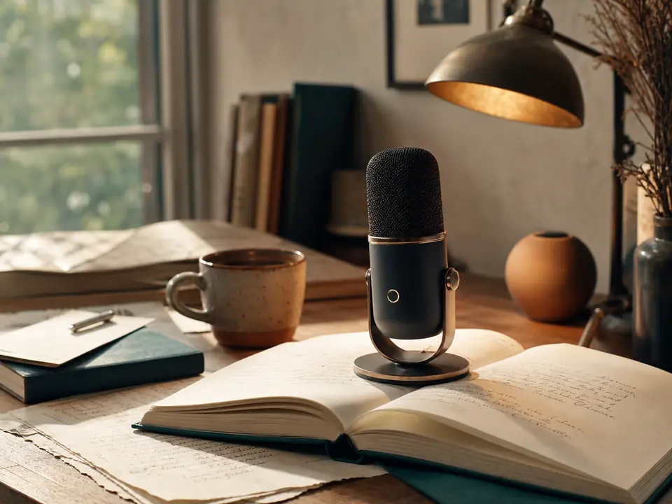 A modern writing desk with a microphone resting on an open notebook, warm natural light