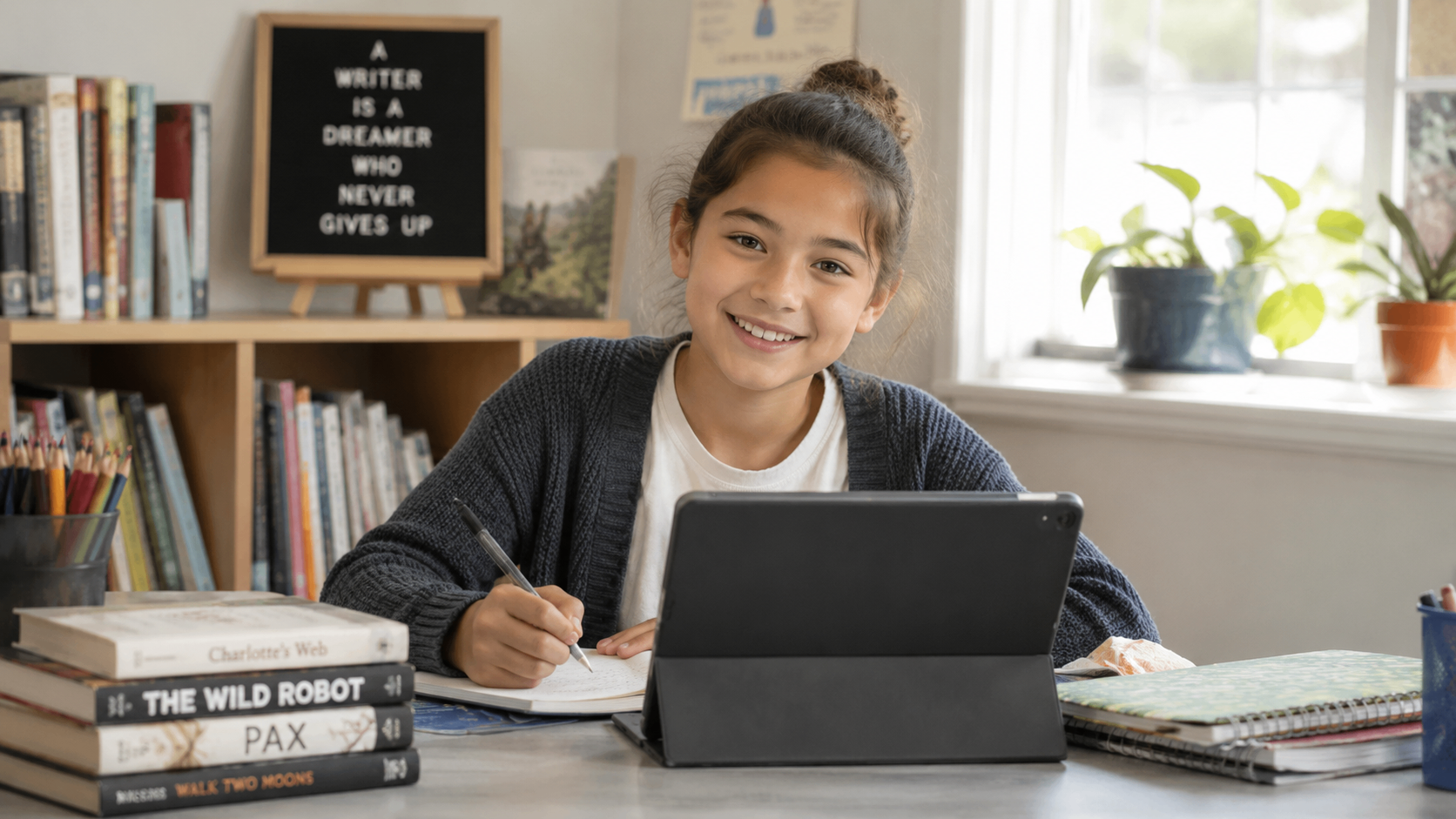 A young girl writing in a notebook beside a tablet and a small stack of children's books.