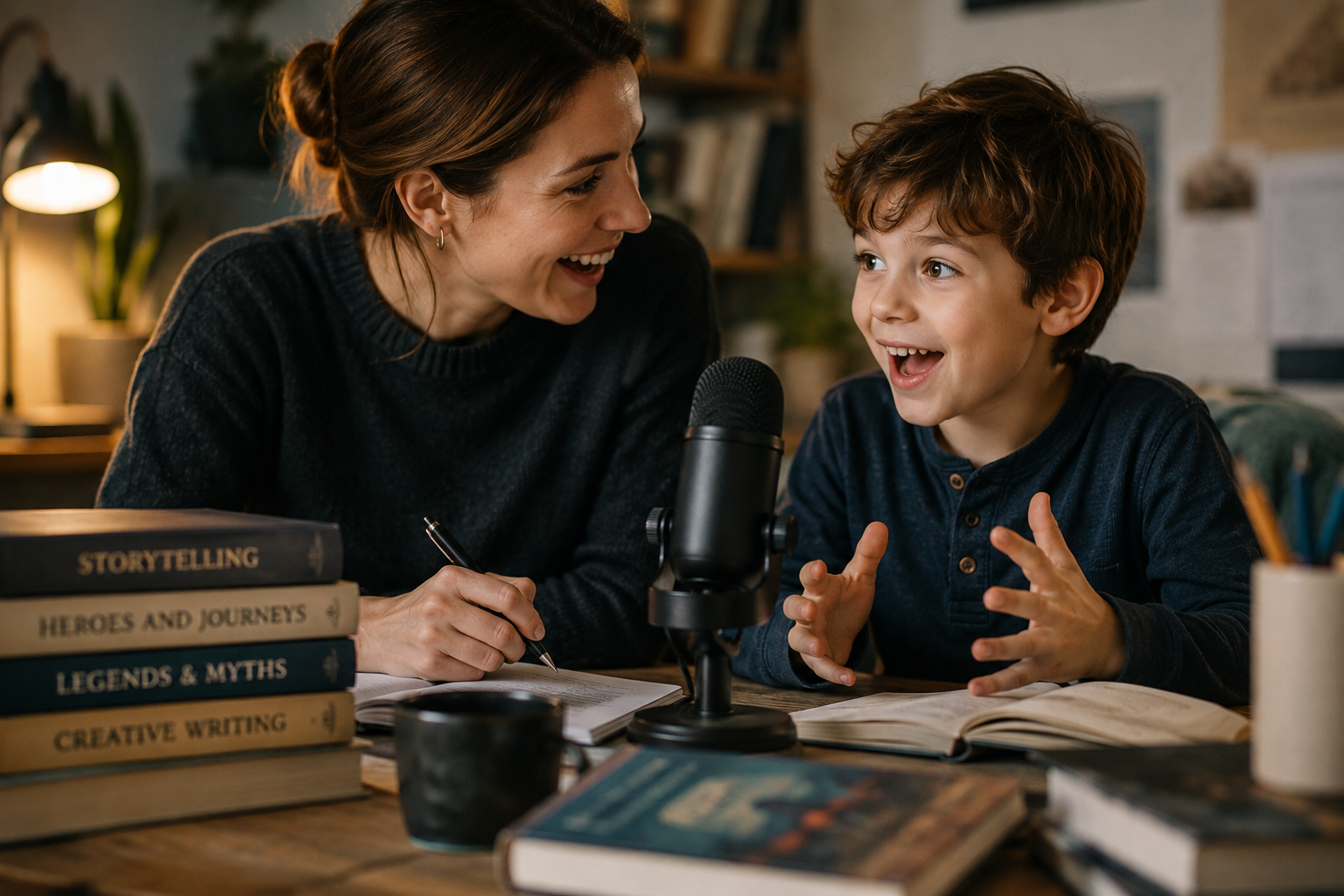 A parent and a young child laughing together at a desk with a microphone, notebooks and a stack of books on storytelling