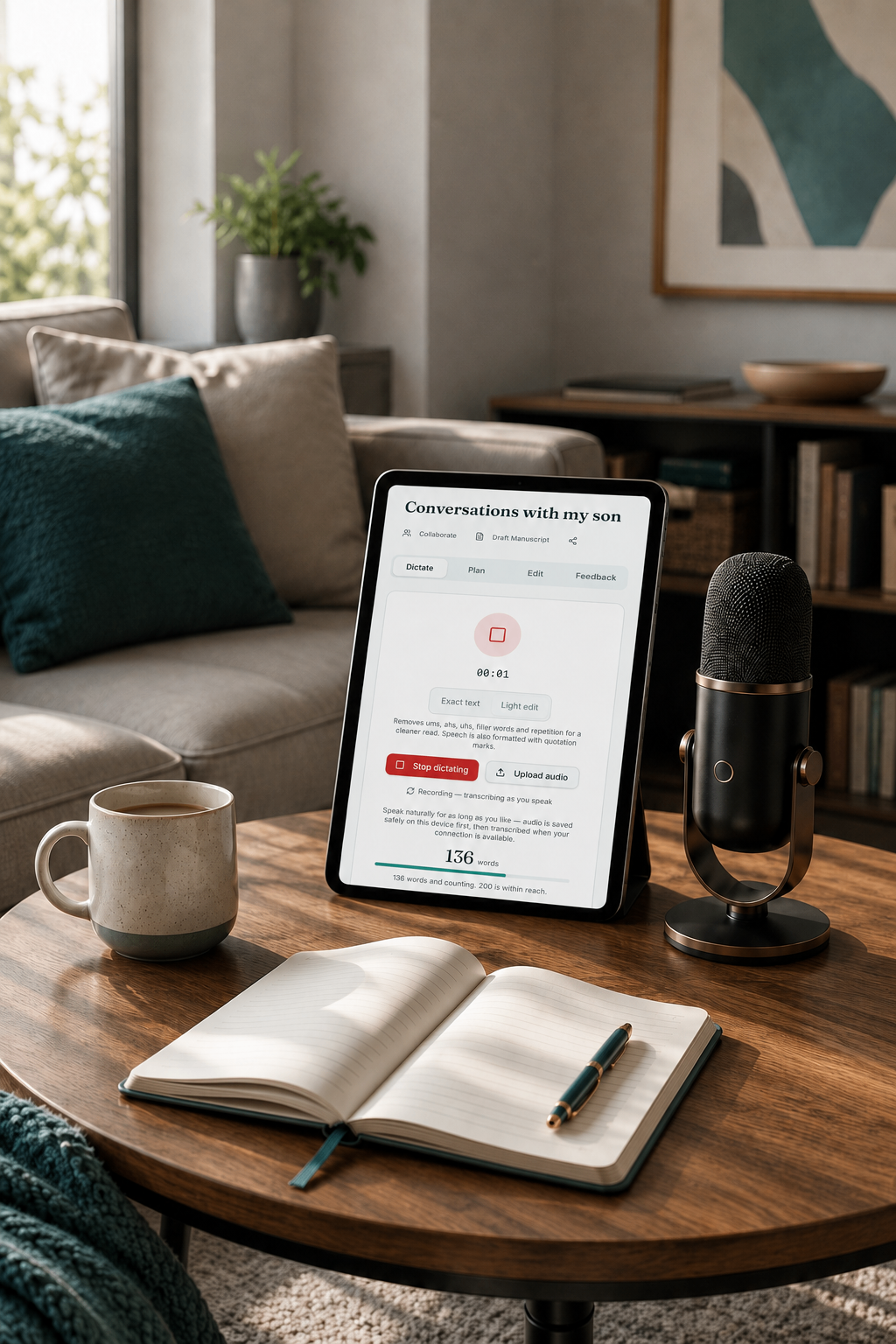 A tablet showing the Your Book Pro dictation screen on a wooden desk beside a studio microphone and open notebook.