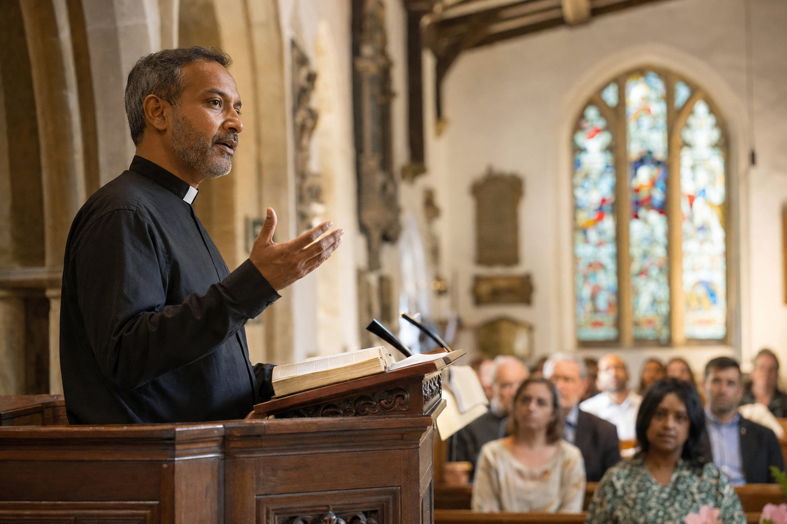 A minister preaching from a pulpit to a seated congregation