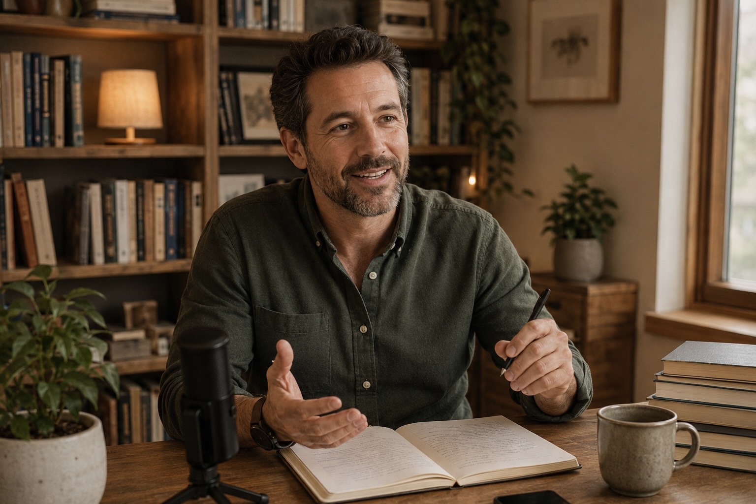 A man with years of business experience talking through his book idea at a desk with a microphone, open notebook and stack of books