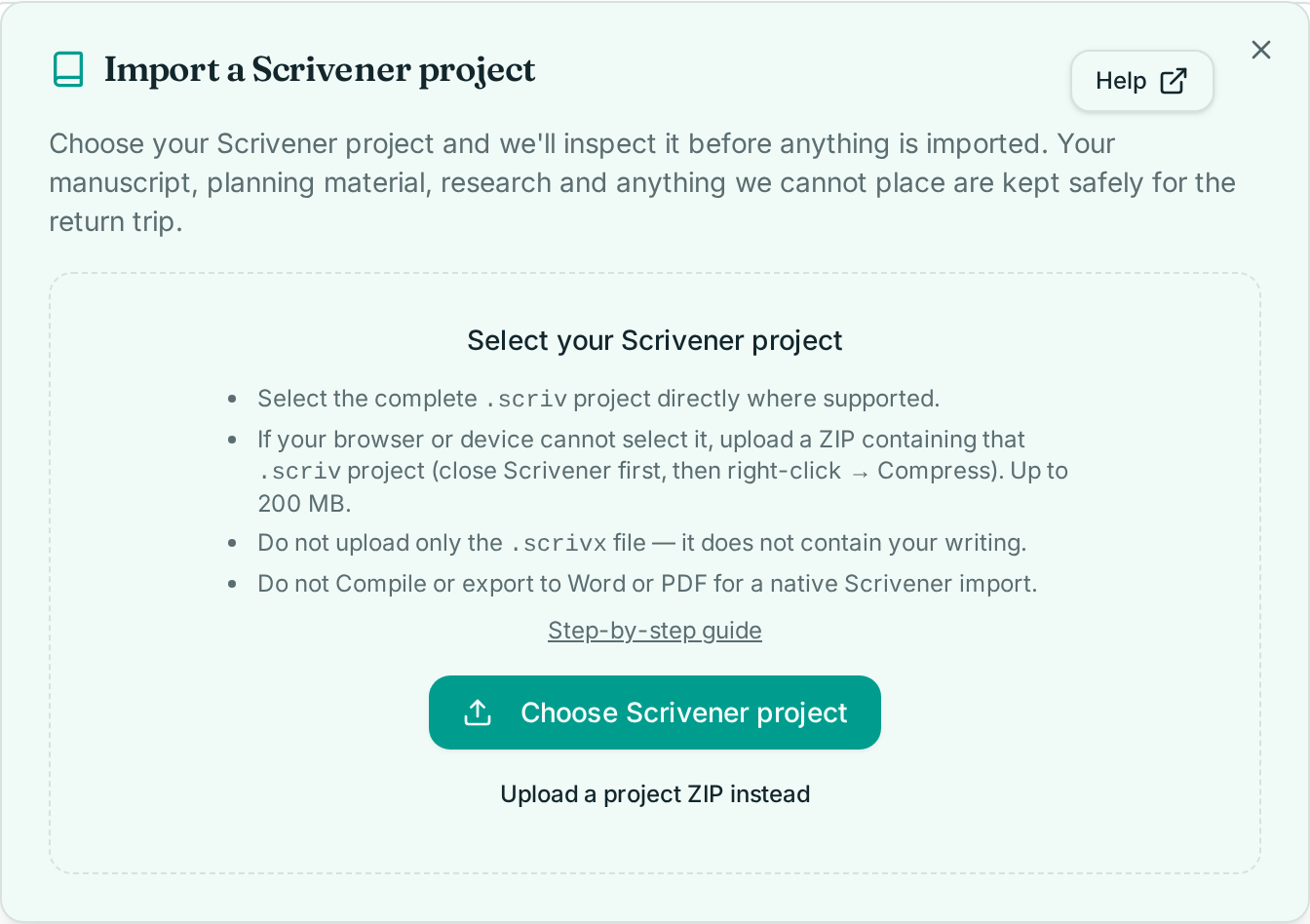 The Select your Scrivener project step, with guidance on choosing a .scriv project or uploading a project ZIP.