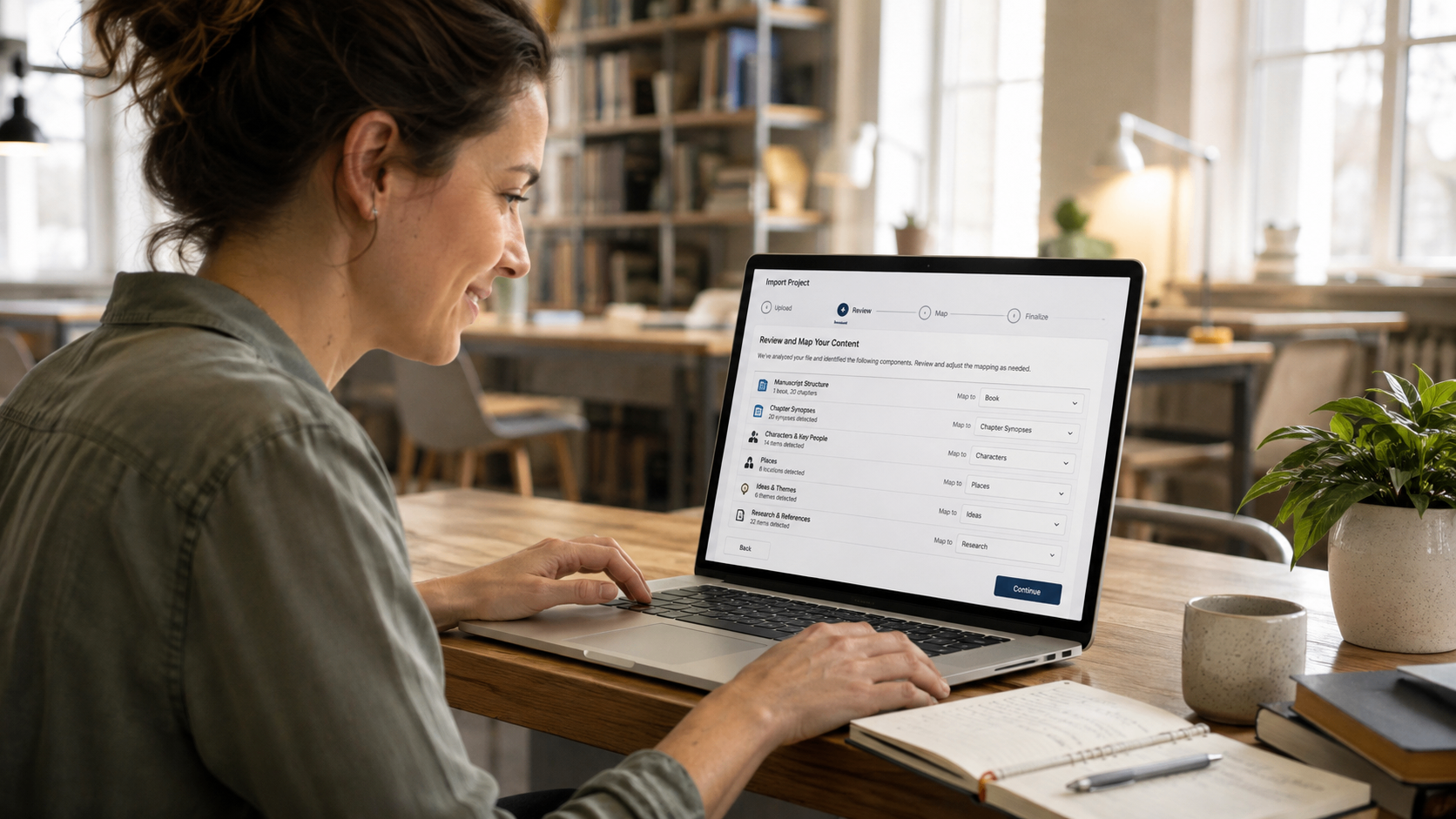 Author reviewing how manuscript, planning and research material will map into Your Book Pro.