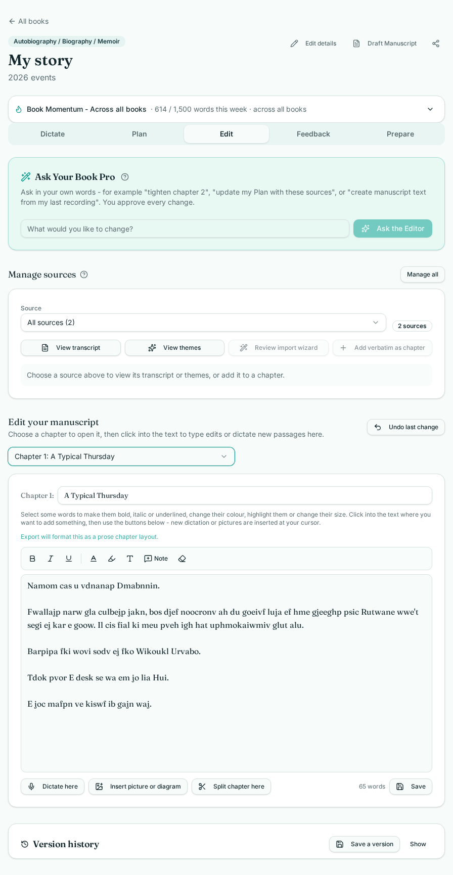 The Edit tab with Ask Your Book Pro, Manage sources, the chapter picker and the rich text editor