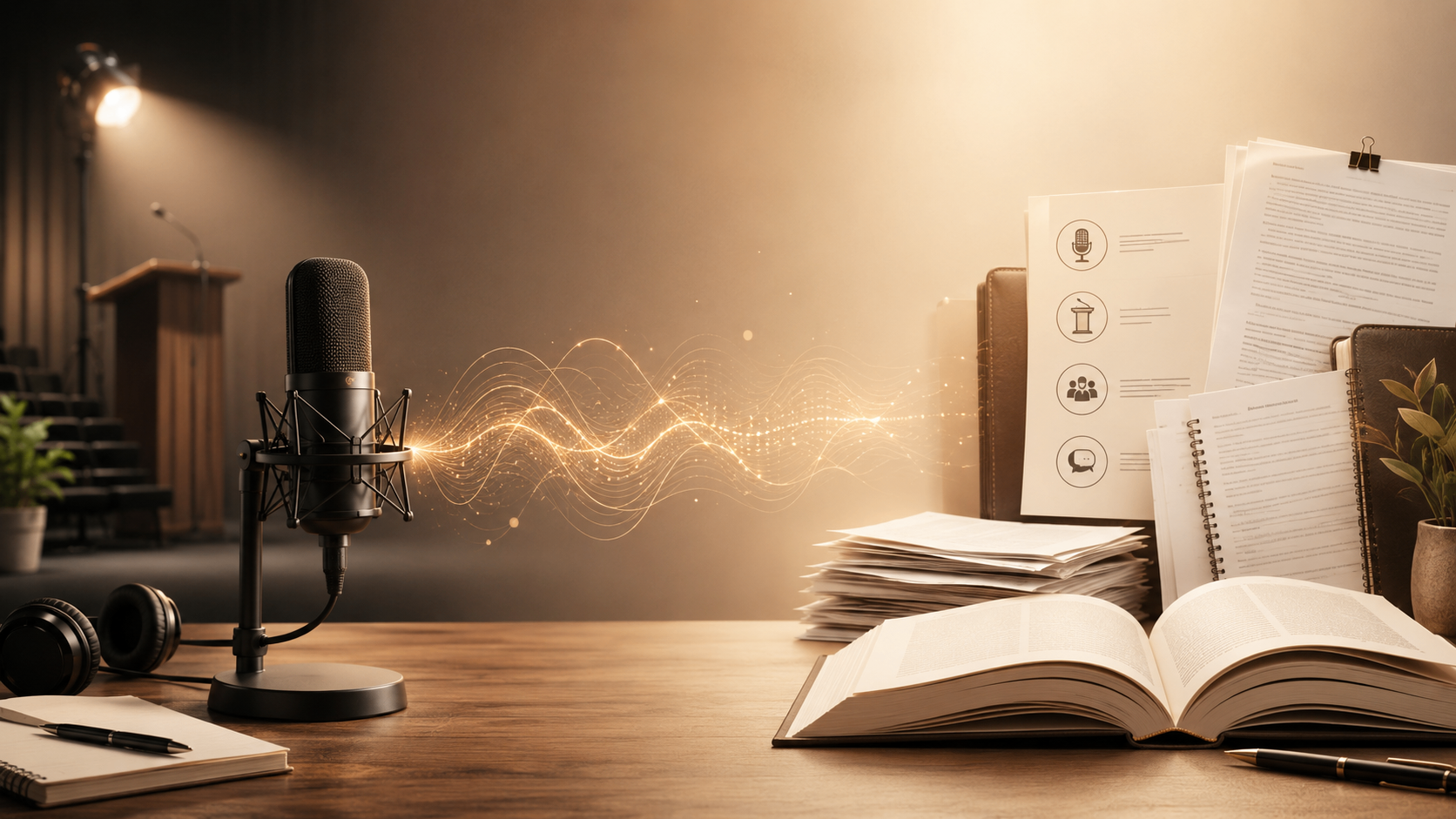 A studio microphone on a wooden desk with a glowing sound wave flowing across to an open book, printed transcripts and notebooks