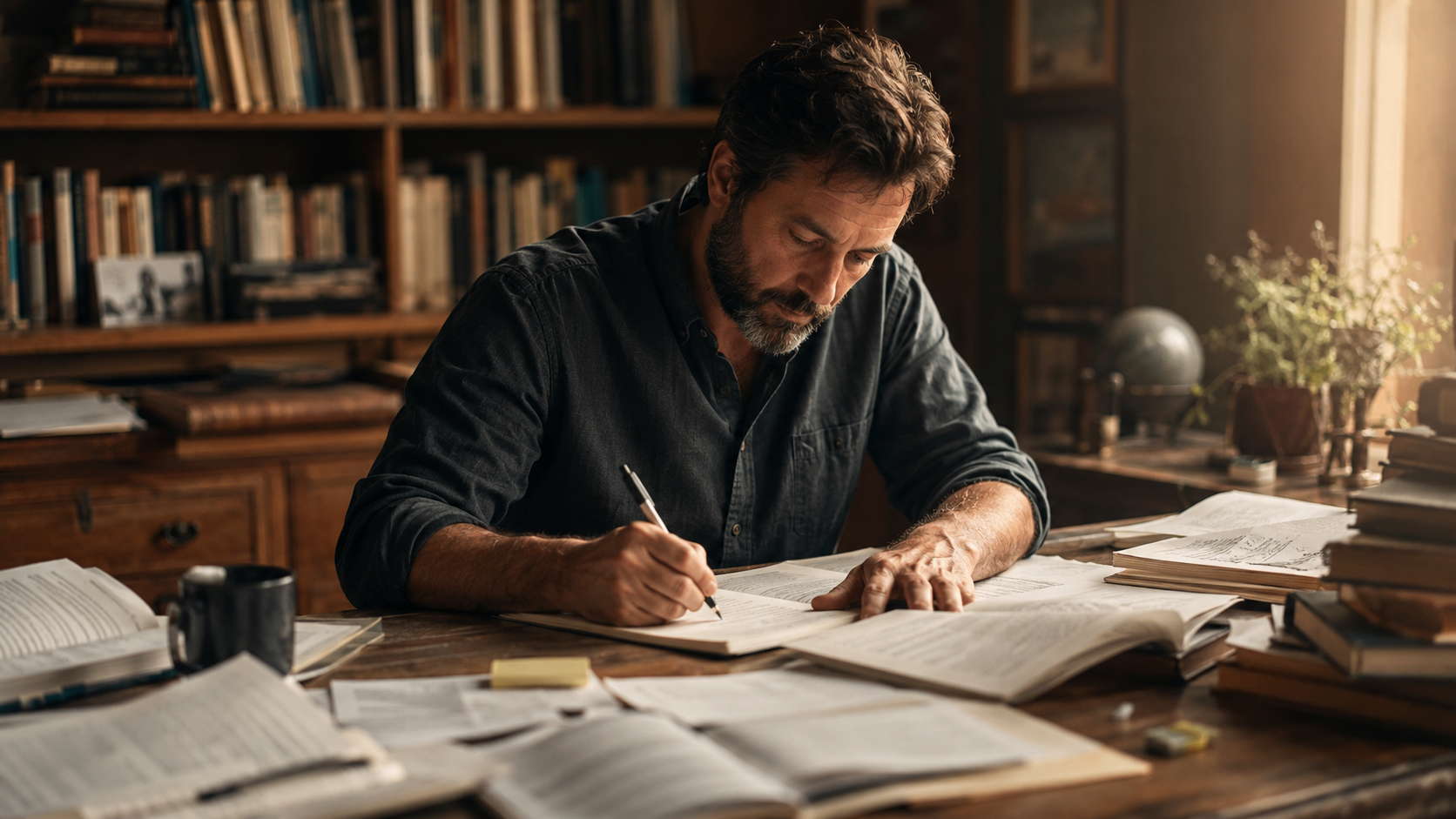 An author at a desk marking up printed transcript pages beside stacks of books
