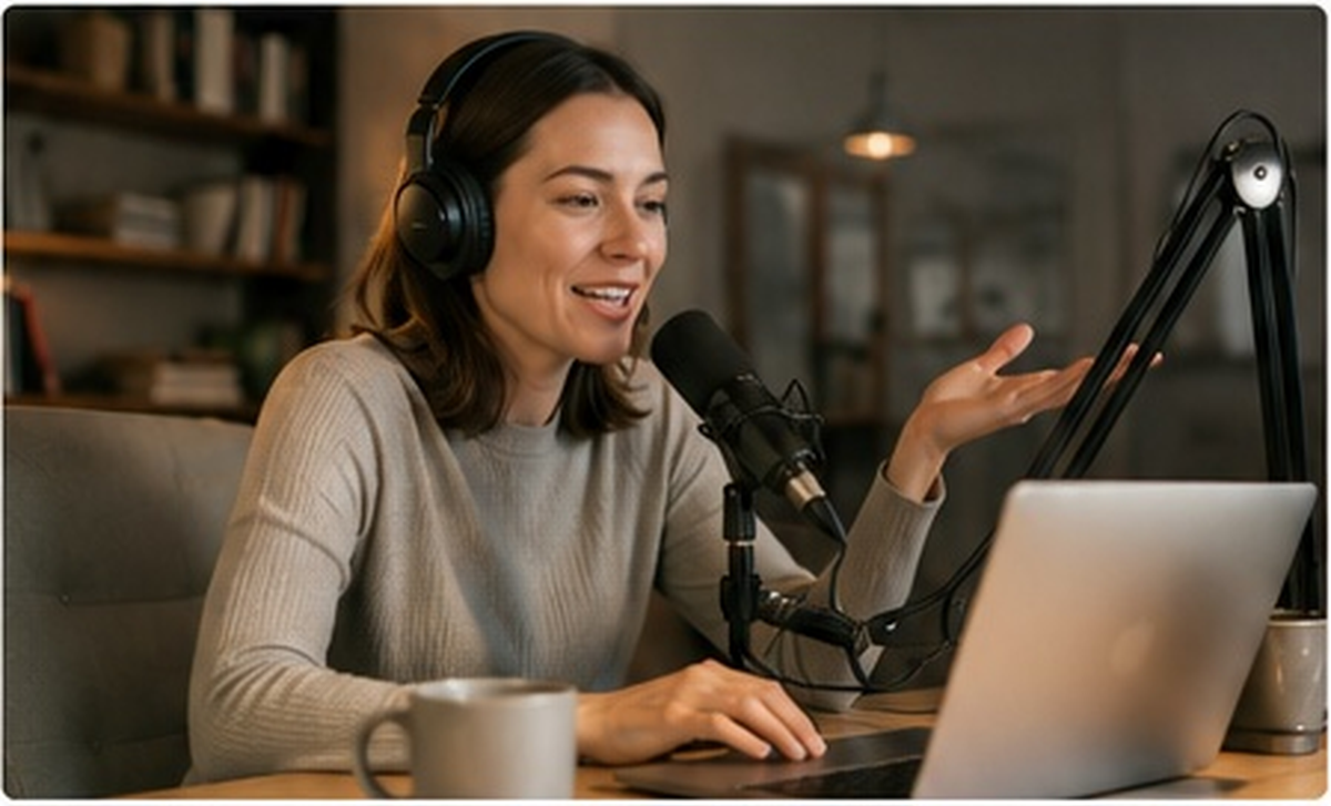 Podcaster speaking into a microphone while working at a laptop.