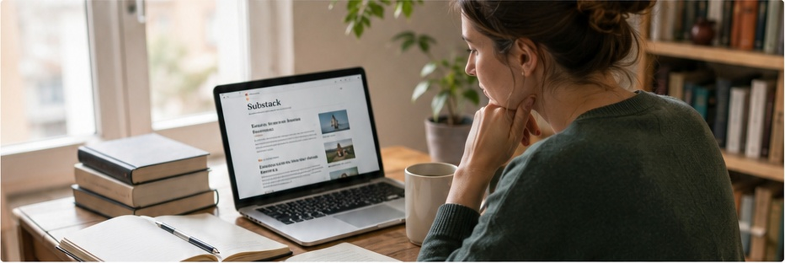 Writer reading Substack on a laptop beside books and an open notebook.