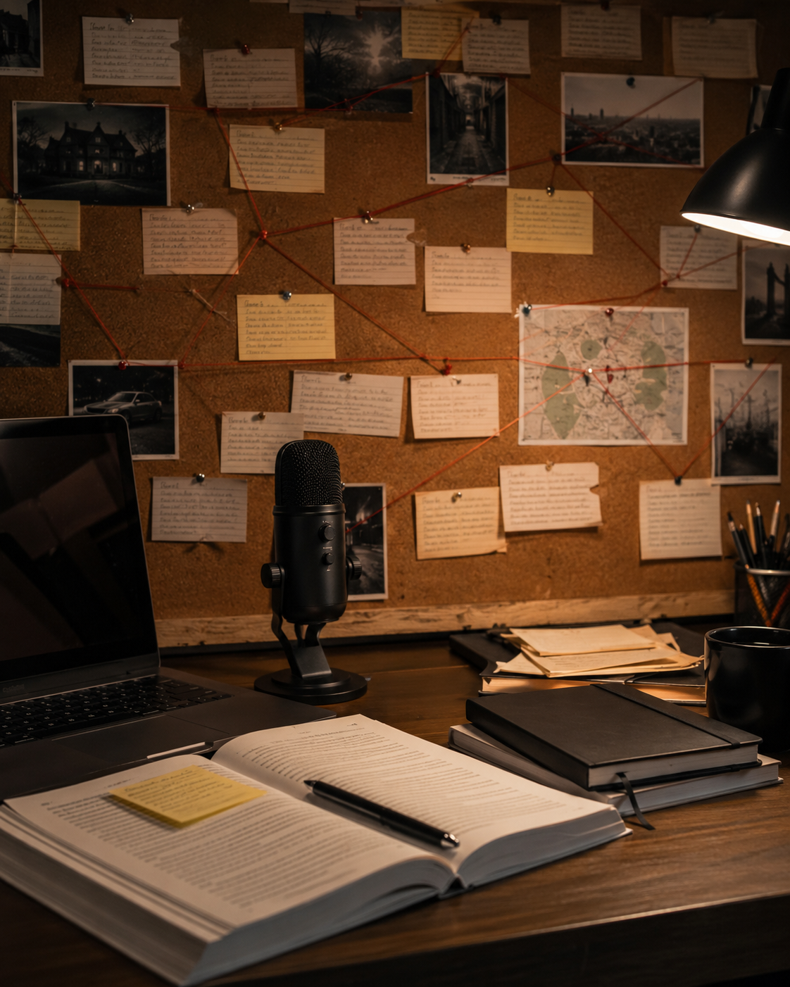 Corkboard covered with chapter cards, sticky notes and printed research above a laptop and open book — a planning wall for a self-published project.