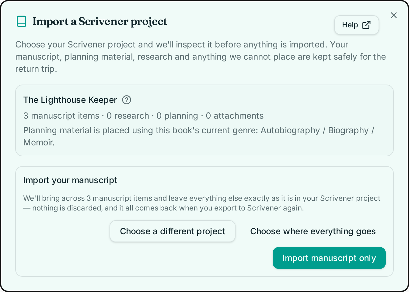 The Scrivener import preview showing the project name, a count of manuscript, research, planning and attachment items, and the Import manuscript only button.
