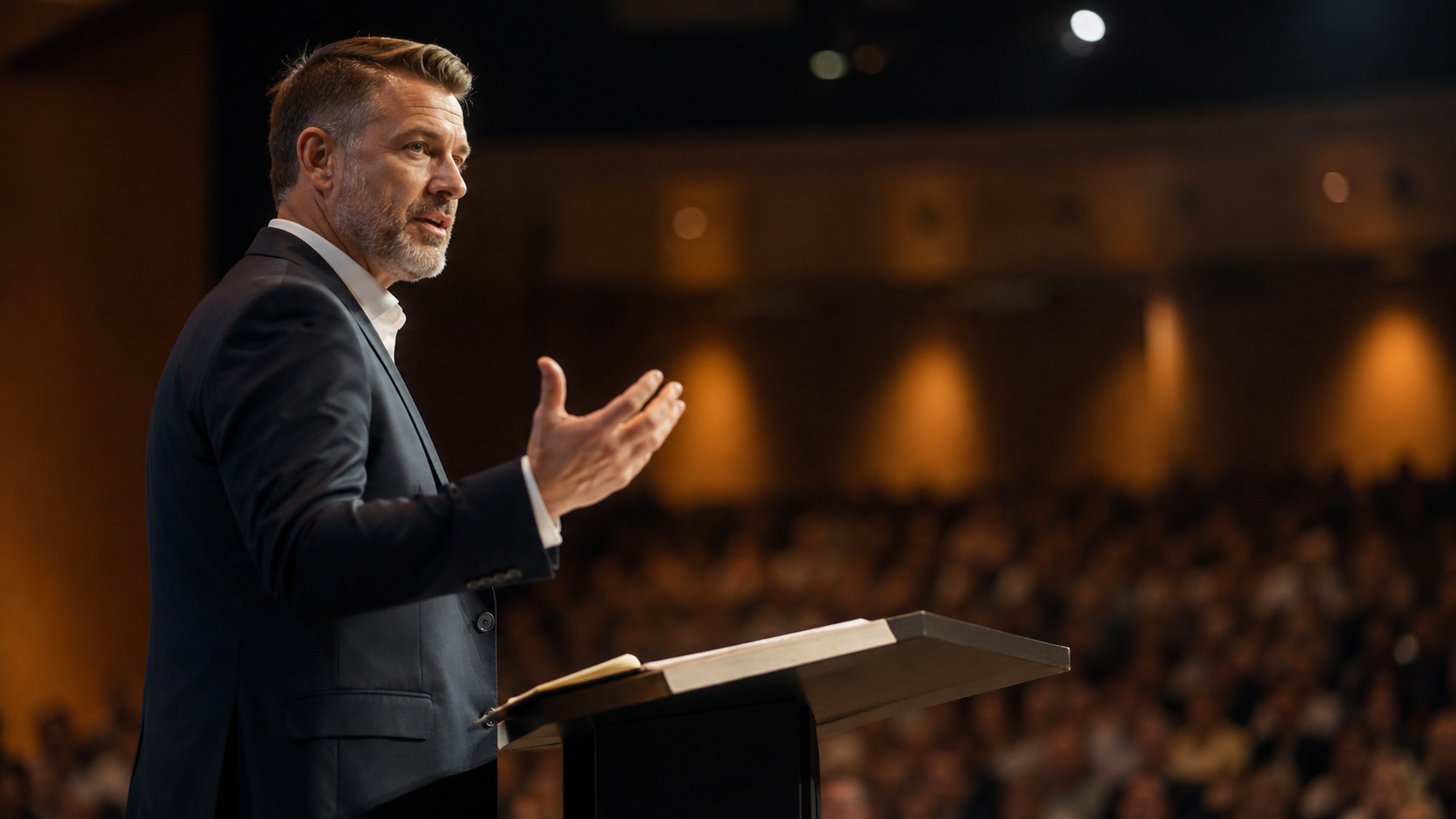 A speaker addressing a full auditorium from a lectern