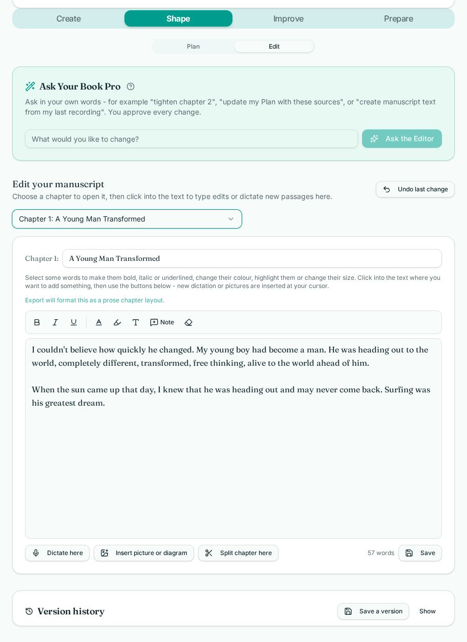 The Edit view of Your Book Pro with a chapter open in the manuscript editor.