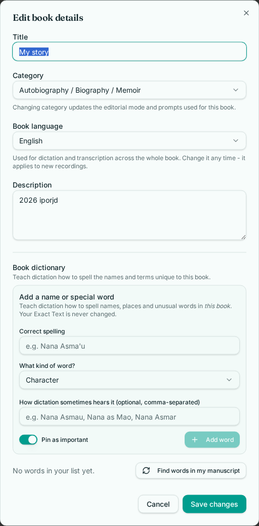 The book dictionary inside Edit book details, showing the add-a-word form