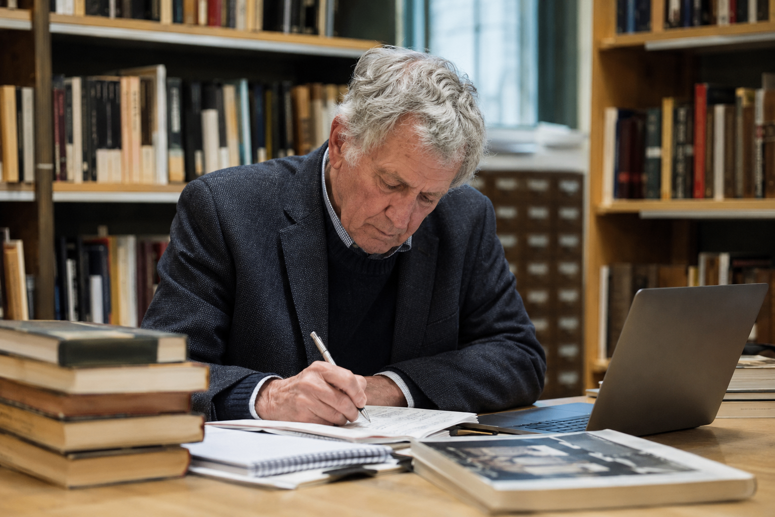 Author researching and writing in a library