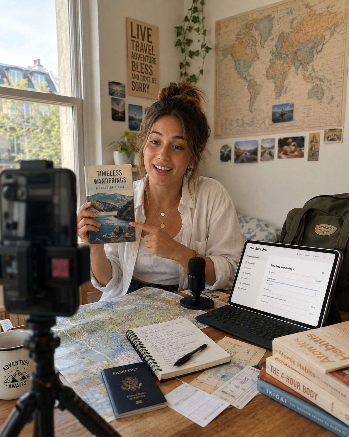 A travel writer holding a book called Timeless Wanderings beside a laptop showing the Your Book Pro dashboard, with maps, a passport and a notebook on the desk