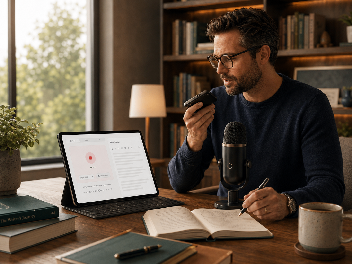 A writer dictating into a phone at a wooden desk with a large microphone, tablet showing a book editor and an open notebook