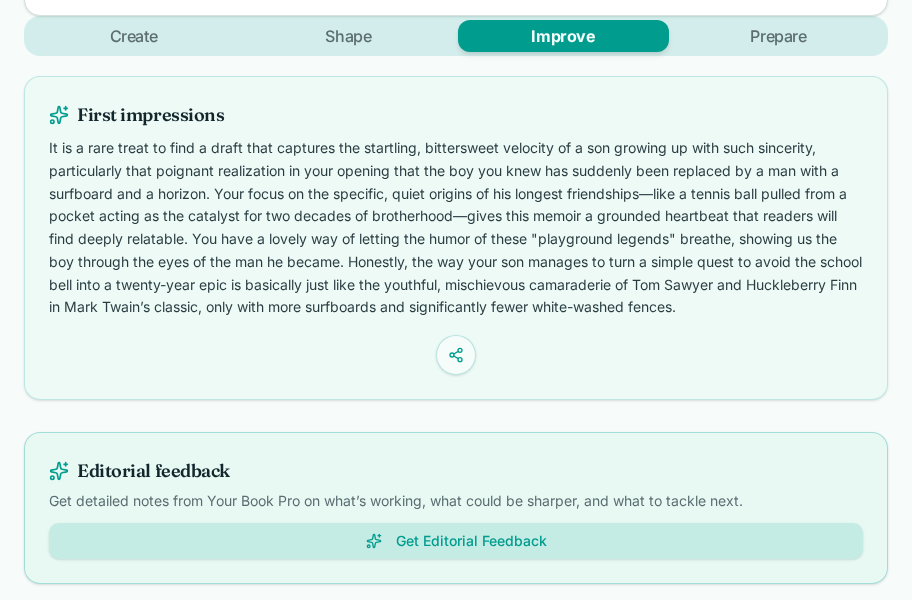 Editorial feedback in Your Book Pro listing suggestions about structure, pacing and clarity.