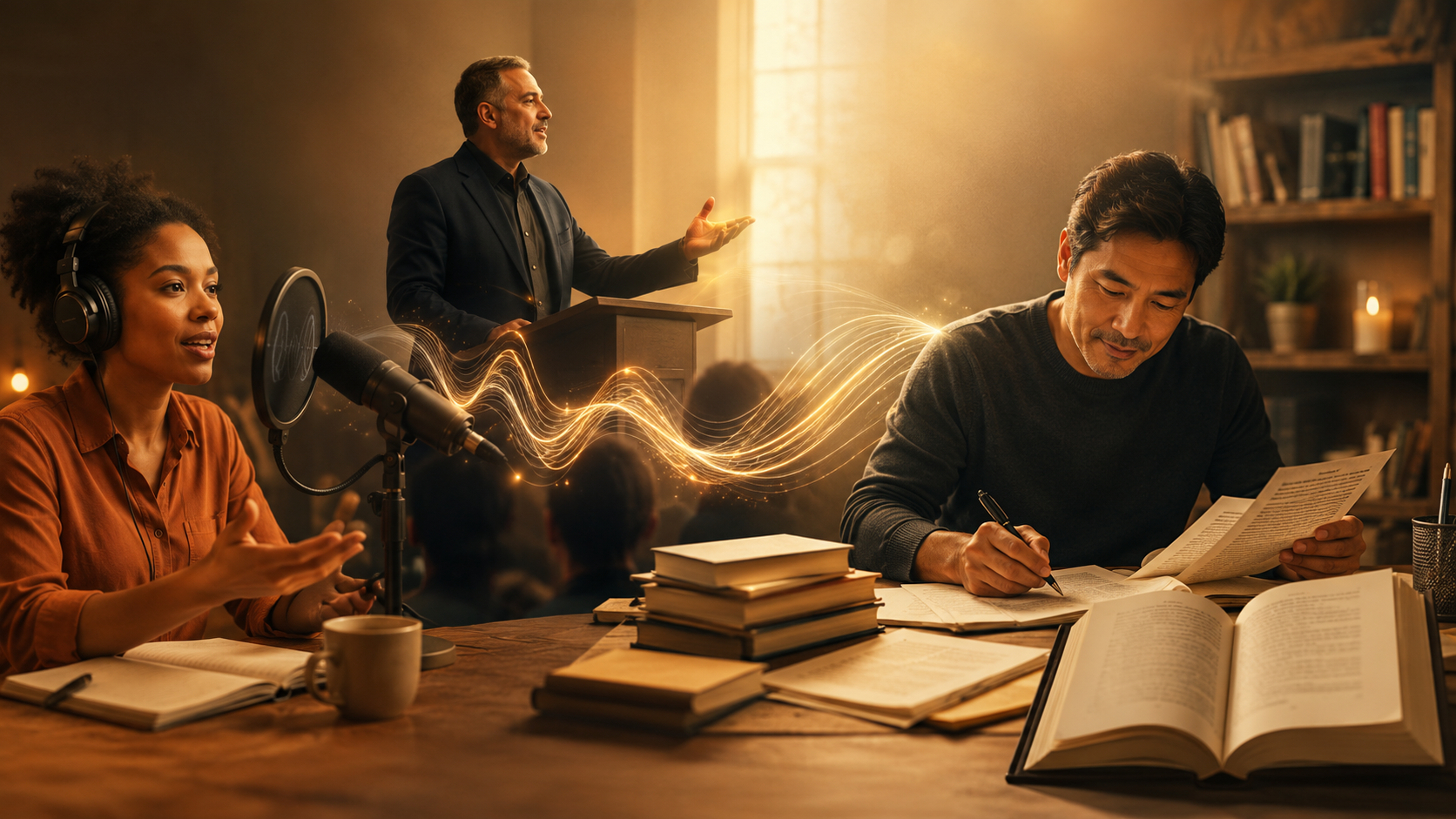 A podcast host at a microphone, a speaker at a lectern and an author editing pages at a desk, joined by a flowing golden sound wave