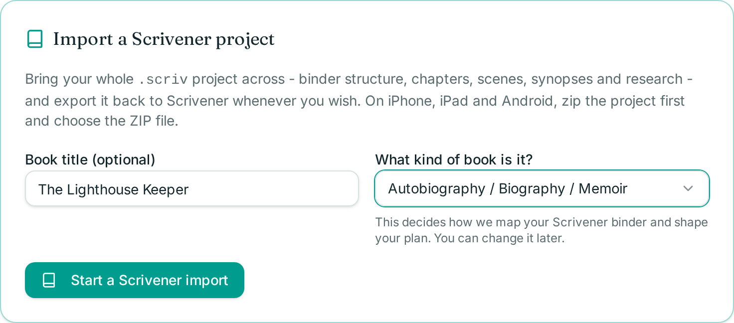 The Import a Scrivener project card in Your Book Pro, with a book title field, a genre selector and a Start a Scrivener import button.