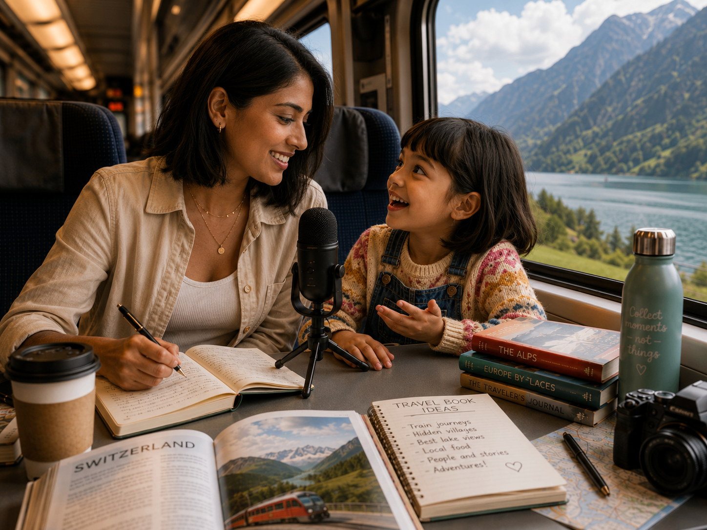 A mother and daughter on a scenic train journey through the Alps, dictating travel-book ideas into a microphone beside notebooks, maps and travel books