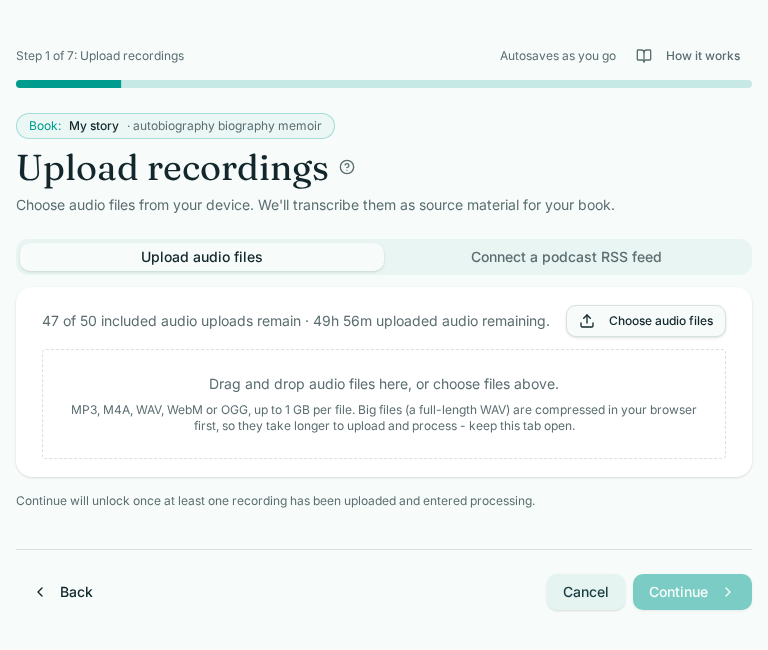 Upload recordings - step 1 of 7 in the Your Book Pro audio wizard