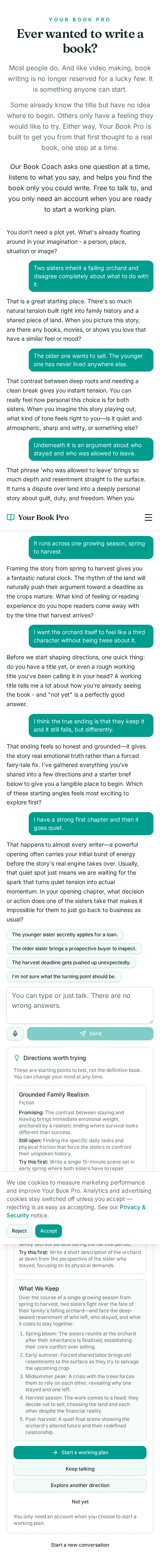 Book Coach conversation about two sisters and a failing orchard, showing the coach's questions and the directions it offered.