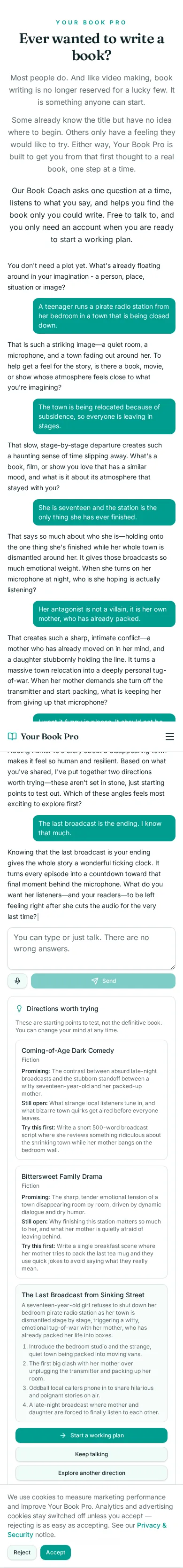 Book Coach conversation about a pirate radio station in a closing town, showing the coach's questions and the directions it offered.