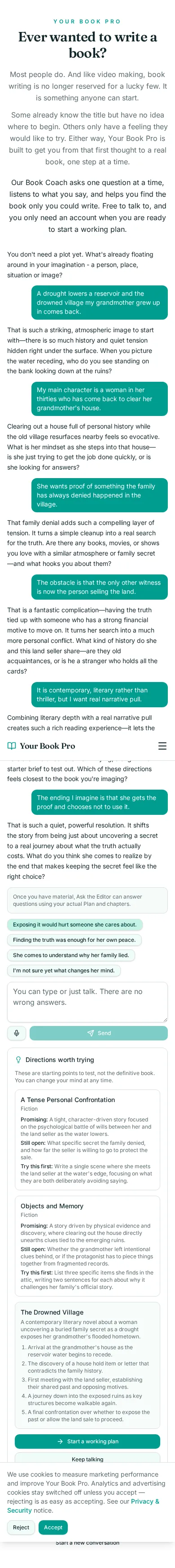 Book Coach conversation about a drowned village resurfacing in a drought, showing the coach's questions and the directions it offered.