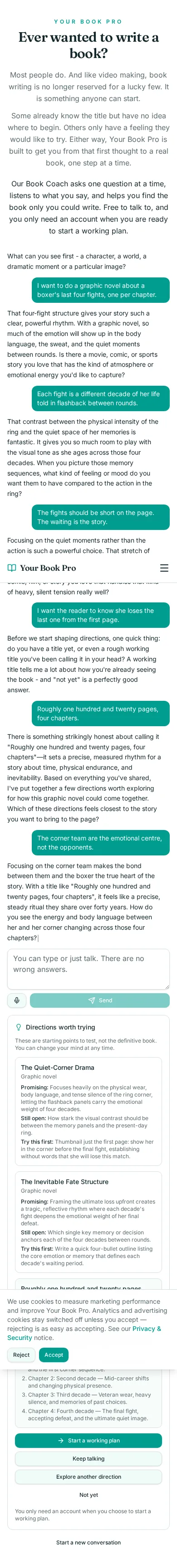 Book Coach conversation about a boxer's last four fights, showing the coach's questions and the directions it offered.