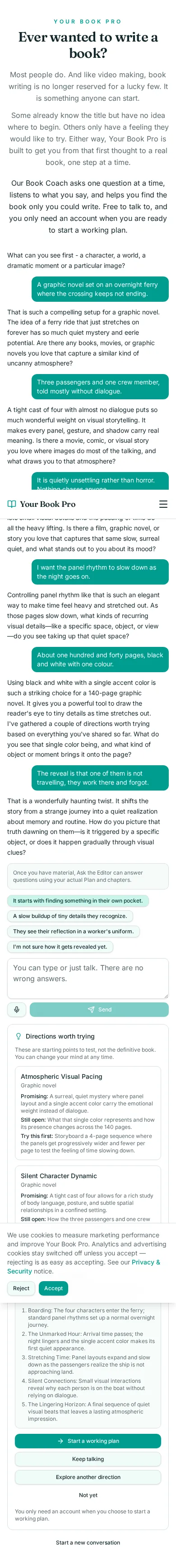Book Coach conversation about a ferry crossing that never quite arrives, showing the coach's questions and the directions it offered.
