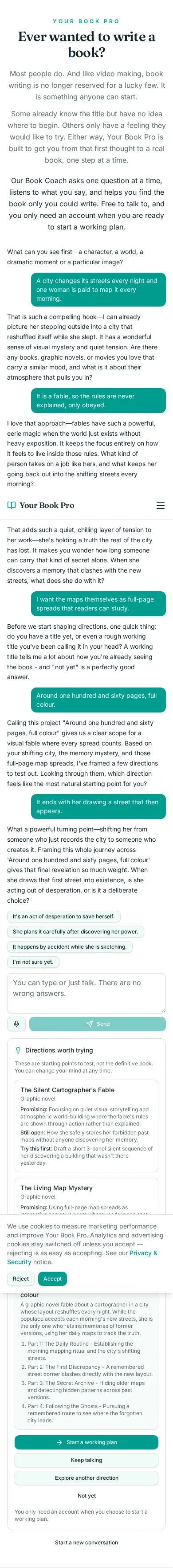 Book Coach conversation about a mapmaker for a city that keeps changing, showing the coach's questions and the directions it offered.