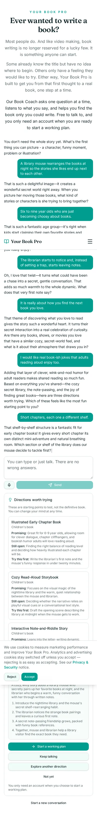 Book Coach conversation about a mouse who rearranges the library at night, showing the coach's questions and the directions it offered.