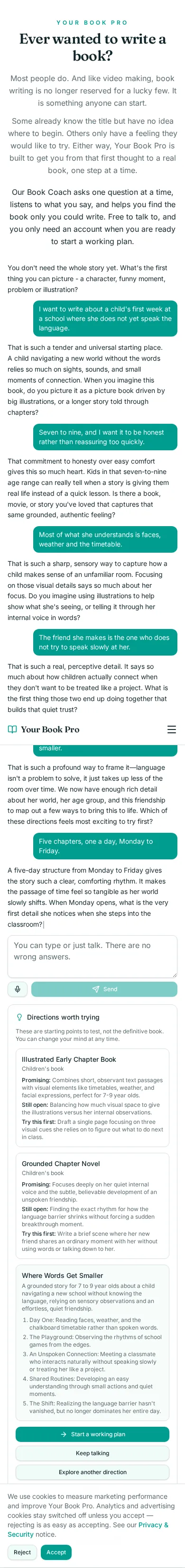 Book Coach conversation about a first week at a school where you know no words, showing the coach's questions and the directions it offered.