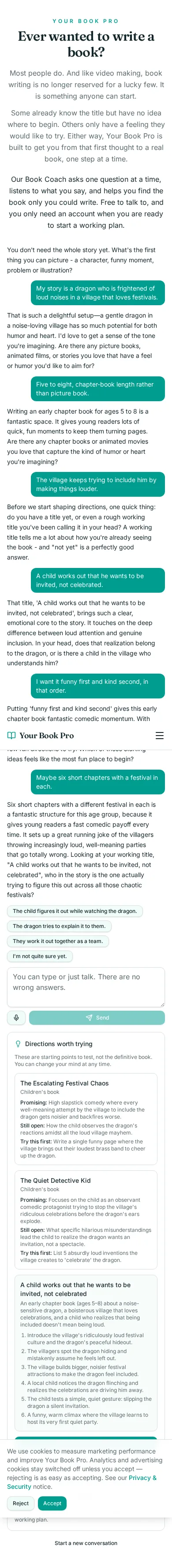 Book Coach conversation about a dragon who is frightened of noise, showing the coach's questions and the directions it offered.