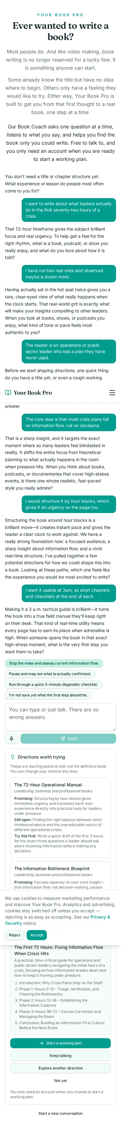 Book Coach conversation about the first seventy-two hours of a crisis, showing the coach's questions and the directions it offered.
