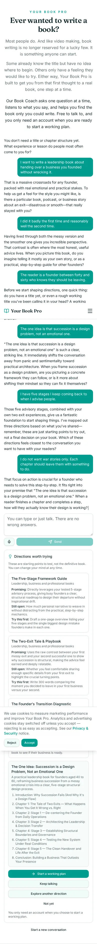 Book Coach conversation about handing over a business you founded, showing the coach's questions and the directions it offered.